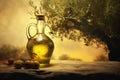 Elegant glass jug with olive oil on a retro wooden table. A transparent bottle with a cork stopper with yellow liquid and green Royalty Free Stock Photo