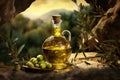 Elegant glass jug with olive oil on a retro wooden table. A transparent bottle Royalty Free Stock Photo