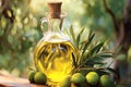 Elegant glass jug with olive oil on a retro wooden table. A transparent bottle Royalty Free Stock Photo