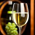 Elegant glass of white wine presented in front of a rustic wine barrel Royalty Free Stock Photo