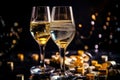 Elegant glasses champagne or Prosecco sparkling wine, dark background, golden bokeh. Holiday concept, New Year, party Royalty Free Stock Photo