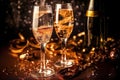 Elegant glasses champagne or Prosecco sparkling wine, dark background, golden bokeh. Holiday concept, New Year, party Royalty Free Stock Photo