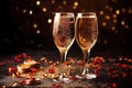 Elegant glasses champagne or Prosecco sparkling wine, dark background, golden bokeh. Holiday concept, New Year, party Royalty Free Stock Photo