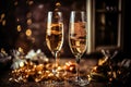 Elegant glasses champagne or Prosecco sparkling wine, dark background, golden bokeh. Holiday concept, New Year, party Royalty Free Stock Photo