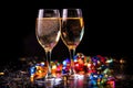 Elegant glasses champagne or Prosecco sparkling wine, dark background, golden bokeh. Holiday concept, New Year, party Royalty Free Stock Photo