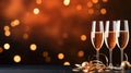 Elegant glasses champagne or Prosecco sparkling wine, dark background, golden bokeh. Holiday concept, New Year, party Royalty Free Stock Photo