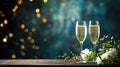 Elegant glasses with champagne or Prosecco sparkling wine on dark green background with Christmas lights golden bokeh Royalty Free Stock Photo