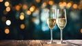 Elegant glasses with champagne or Prosecco sparkling wine on dark green background with Christmas lights golden bokeh Royalty Free Stock Photo