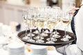 Elegant glasses with champagne standing in a row on serving tabl Royalty Free Stock Photo