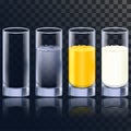 Elegant glasses in four versions for water, juice and milk with an empty one also included. Photo-realistic illustration on