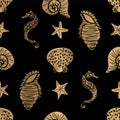 Elegant gold and black seahorse, starfish and seashell seamless pattern background