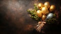 Elegant gold and blue balloons with greenery on brown texture background Royalty Free Stock Photo