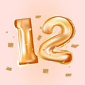 Elegant gold celebration twelve years birthday baloons on pink background