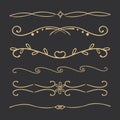 Elegant gold divider thin line classic deco border separator collection isolated on dark background. Florish arnament