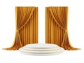 Elegant gold draped curtains framing a stack of white plates on a table Royalty Free Stock Photo