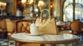 Elegant Gold Handbag on Marble Cafe Table - AI generated digital art