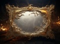 Elegant gold mirror frame on black background. Antique ellipse gold baroque frame