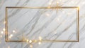 Elegant gold rectangular frame with golden snowflakes and bokeh lights on a white marble background christmas Royalty Free Stock Photo