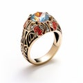 Tropical Symbolism Ring With Blue Crystal And Gold Accents