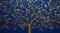 Elegant Gold and Royal Blue Floral Tree with Seamless Leaves and Flowers Hanging Branches Illustration Background Royalty Free Stock Photo