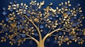 Elegant gold and royal blue floral tree with seamless leaves and flowers hanging branches illustration background Royalty Free Stock Photo