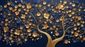 Elegant gold and royal blue floral tree with seamless leaves and flowers hanging branches illustration background Royalty Free Stock Photo