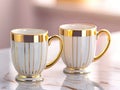 Elegant gold-trimmed ceramic cups on marble surface, perfect for a luxurious coffee or tea experience, adding a touch of Royalty Free Stock Photo