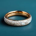 Elegant gold and white patterned ring on a blue background. Royalty Free Stock Photo