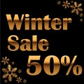 Elegant gold winter lettering design with shiny and bright snowflakes on black background