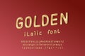 Elegant golden alphabet. Uppercase and lowercase letters, numbers. Thin condensed italic vector font, gold color