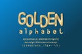 Elegant golden alphabet. Uppercase and lowercase letters, numbers. Thin condensed vector font, gold color gradient. Navy