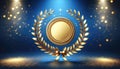 Elegant Golden Award Wreath on Blue Bokeh Background, Achievement Concept