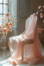 Elegant golden chair with tulle in a sunlit room, Generated AI