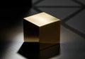 Elegant golden cube object casting dramatic shadow on dark textured surface Royalty Free Stock Photo