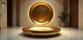 Elegant golden display platforms in a modern minimalist interior setting with subtle lighting and marble flooring. Generative AI Royalty Free Stock Photo