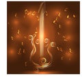 Elegant golden guitar outline, glowing on a dark background, neon effect, music, notes