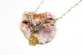 Elegant golden jewelry piece featuring a decorative seashell set on a white background