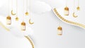 Elegant golden lantern arabic white gold Islamic design background. Universal ramadan kareem banner background with lantern, moon