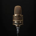 Elegant golden microphone frontally positioned on black background, podcast symbol