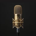 Elegant golden microphone frontally positioned on black background, podcast symbol