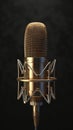 Elegant golden microphone frontally positioned on black background, podcast symbol