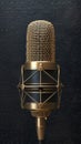 Elegant golden microphone frontally positioned on black background, podcast symbol