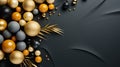 Luxurious collection of gold and muted spheres with golden palm fronds on a sleek dark surface.