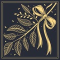 Elegant golden ribbon and leafy branch illustration on dark background Royalty Free Stock Photo