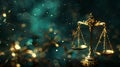 Elegant golden scales of justice gleaming in a mysterious blue bokeh. symbolic image for legal concepts. aesthetic and Royalty Free Stock Photo