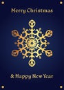 Elegant golden snowflake on a deep blue background, christmas card