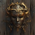 Elegant golden Venetian mask on a wooden background