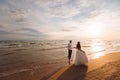 Elegant gorgeous bride and groom walking on ocean beach during sunset time. Romantic walk newlyweds on tropical island Royalty Free Stock Photo