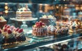 Elegant gourmet cakes adorned with fresh berries and delicate icing, showcased in a bakery's glass display case. Royalty Free Stock Photo