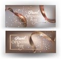 Elegant grand opening beige cards with realictic ribbons. Royalty Free Stock Photo